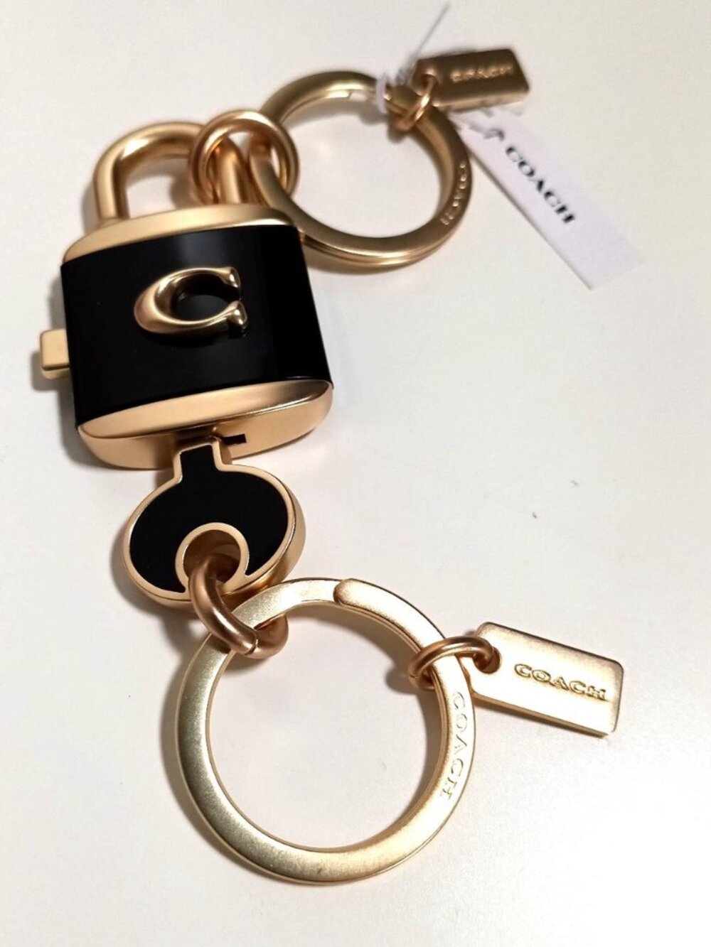 Coach Lock And Key Bag Charm Key Ring Purse Fob C1679 Black Enamel Gold NWT - Picture 2 of 8